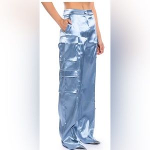 Light blue satin cargo pants, wide leg